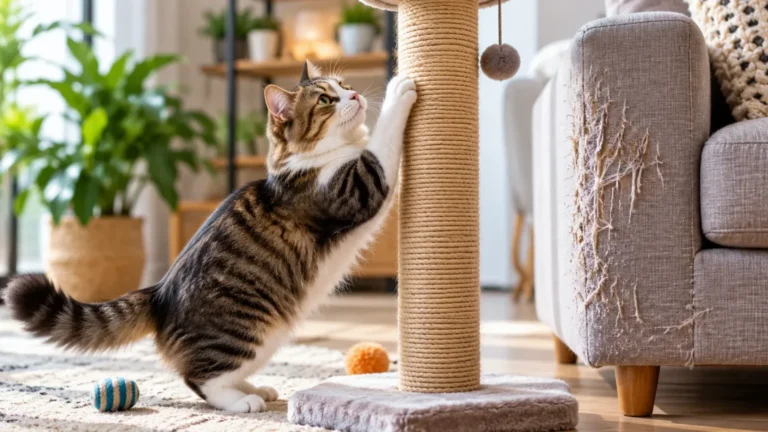 Tabby cat stretching up a tall sisal scratching post next to a sofa