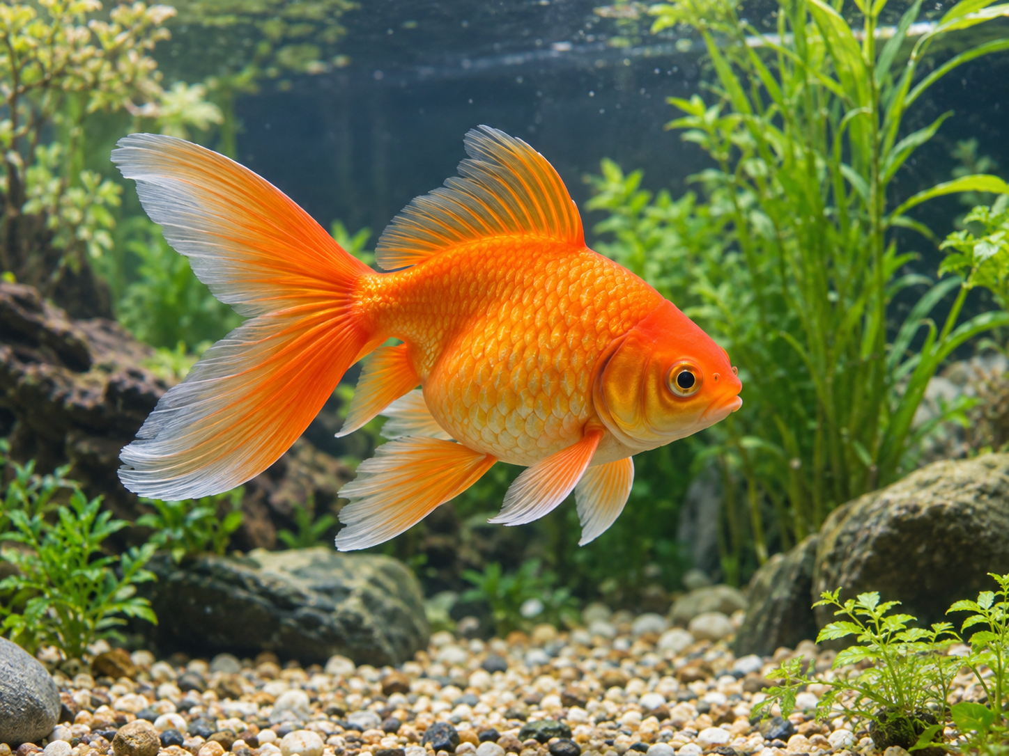 Goldfish swimming in a spacious clean freshwater aquarium