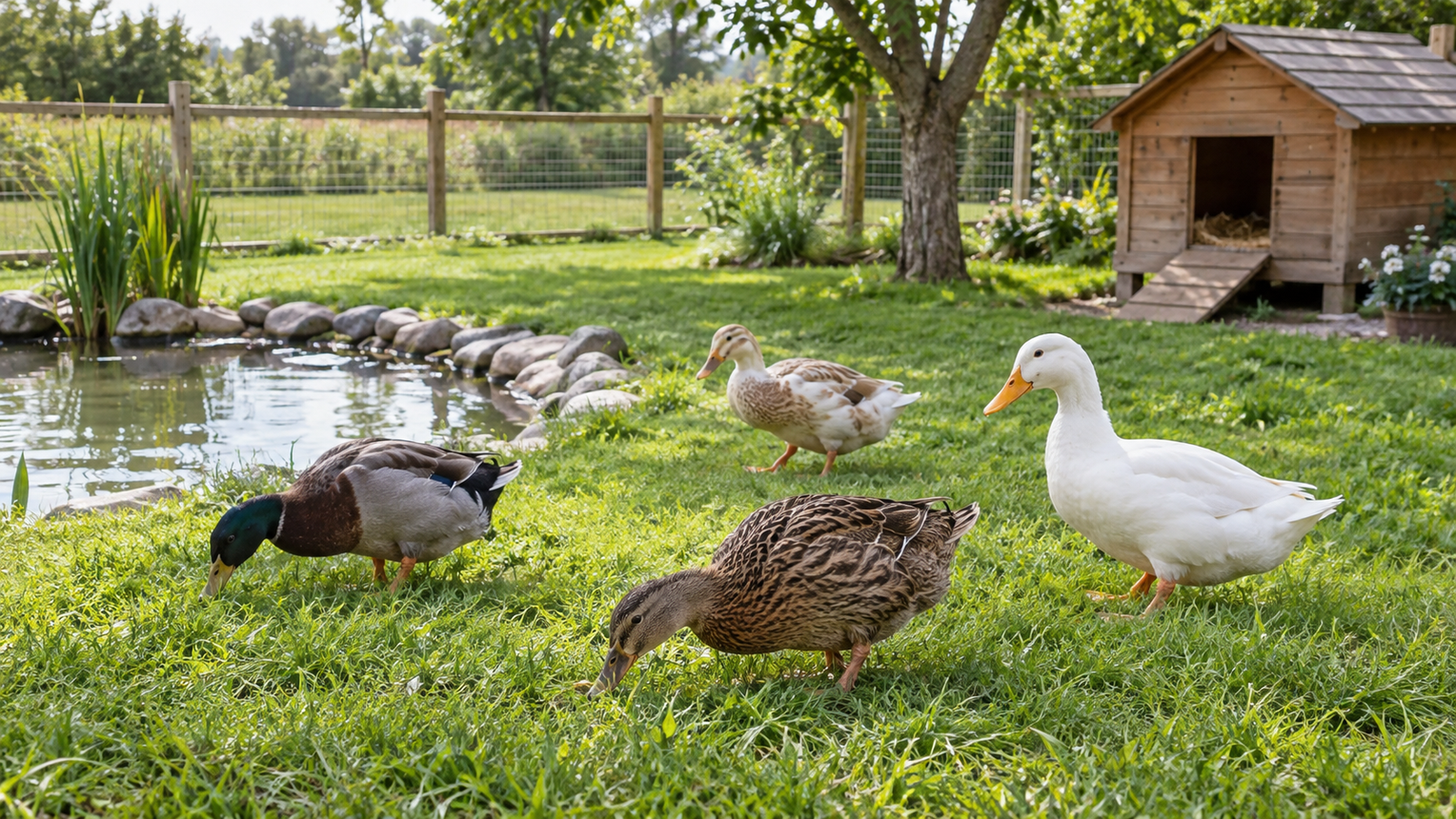Pet ducks exploring a spacious secure backyard