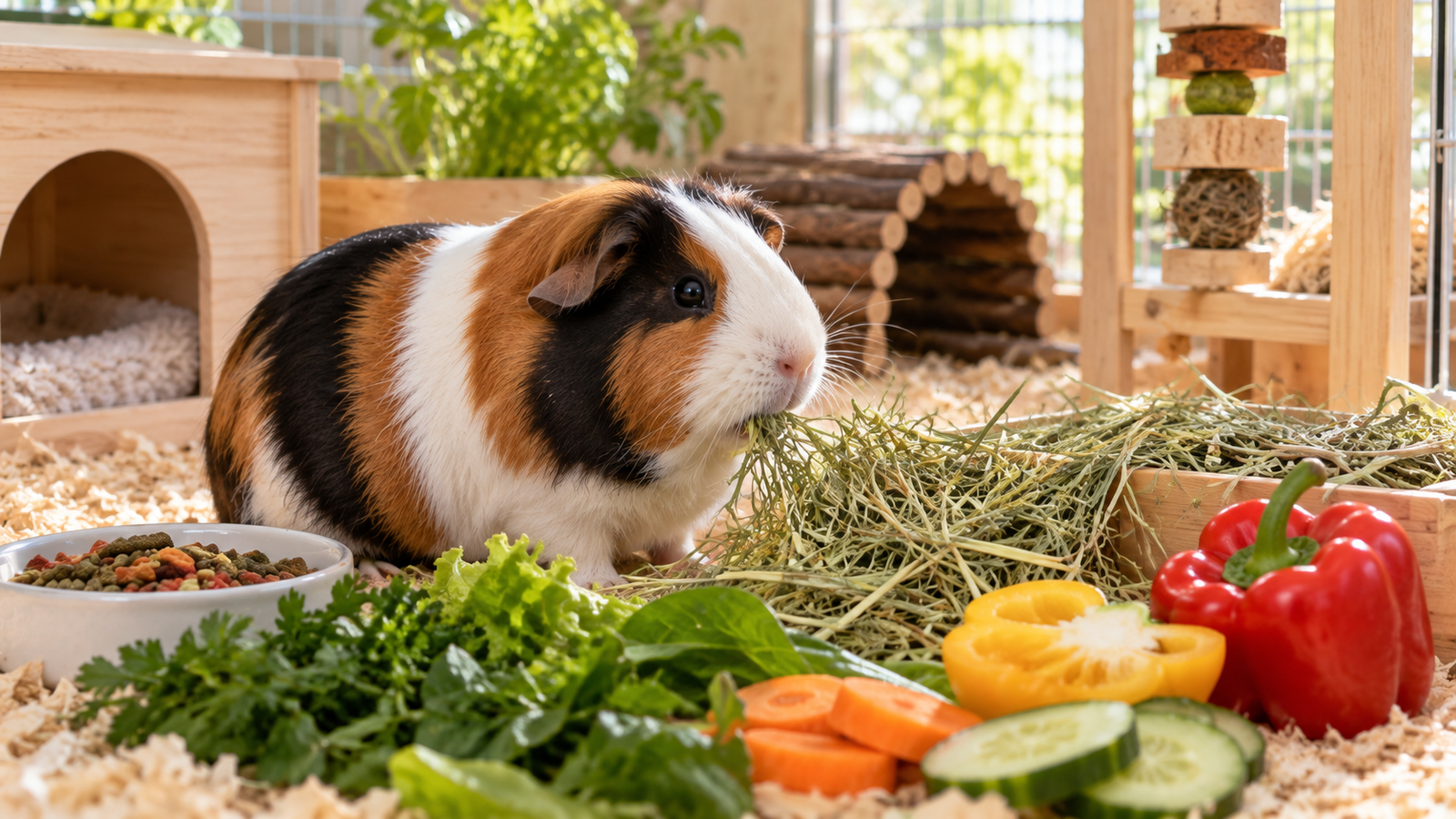 Guinea pig eating hay and fresh vegetables
