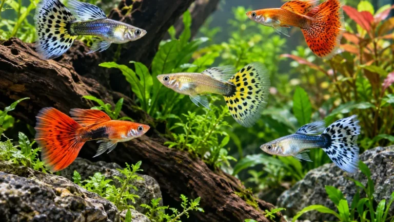 Colorful guppies swimming in a clean planted aquarium