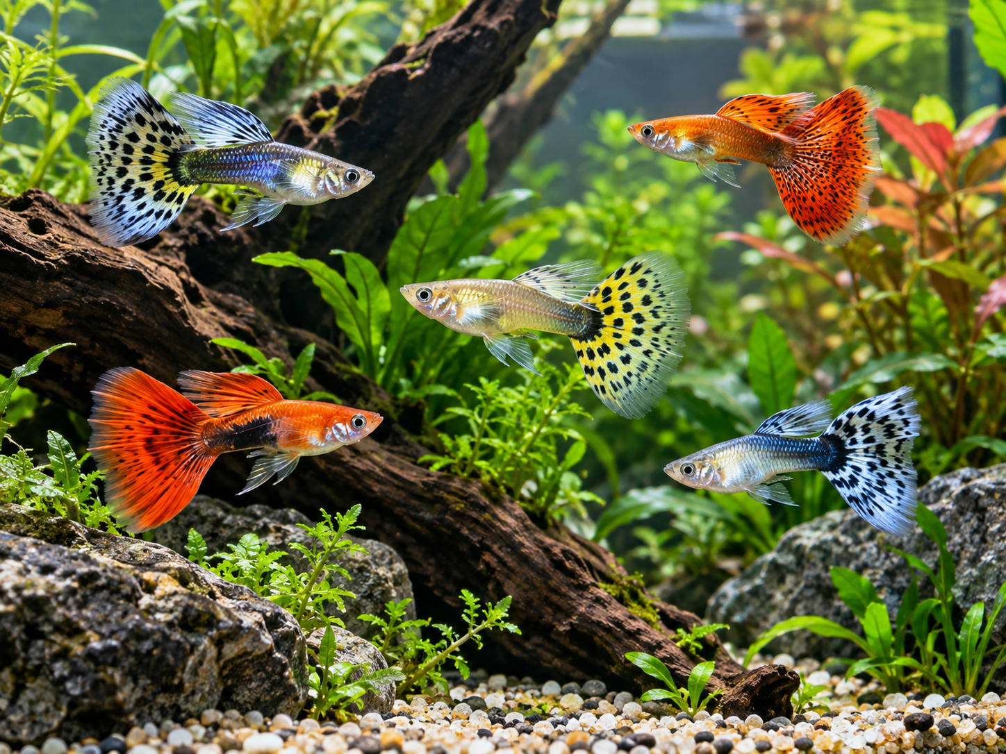 Colorful guppies swimming in a clean planted aquarium