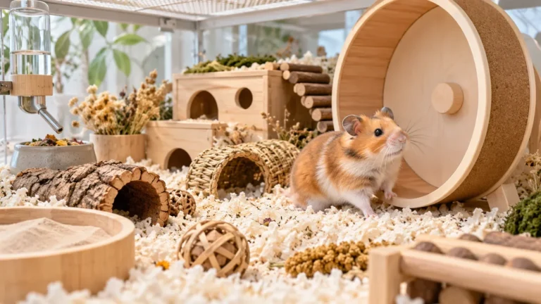 Syrian hamster beside a large solid-surface wheel in an enclosure with deep bedding and hides