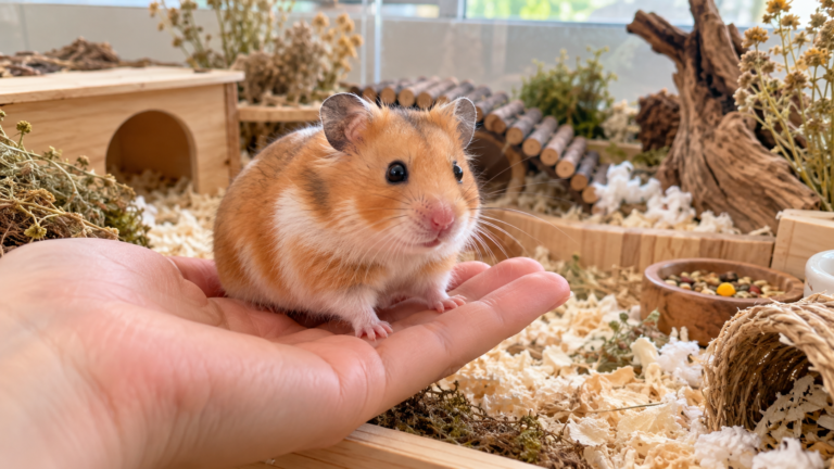 Syrian hamster sitting calmly on a person's hand