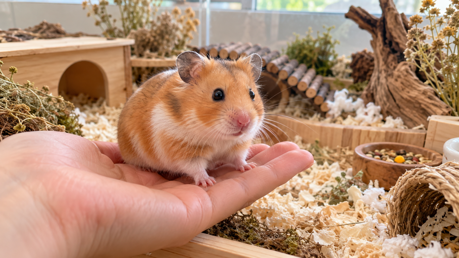 Syrian hamster sitting calmly on a person's hand