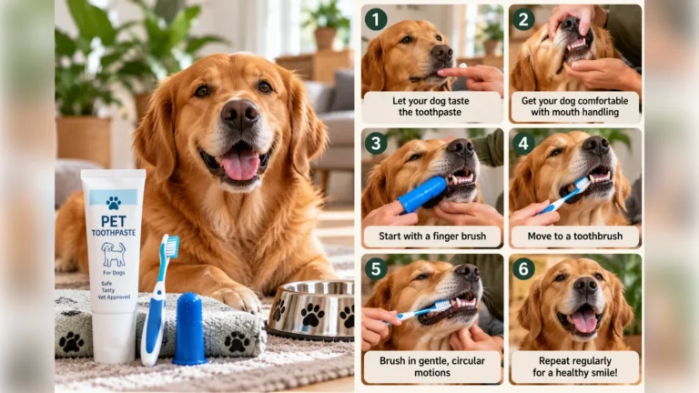 Golden retriever beside dog toothpaste, a toothbrush and a finger brush, with steps for brushing a dog's teeth