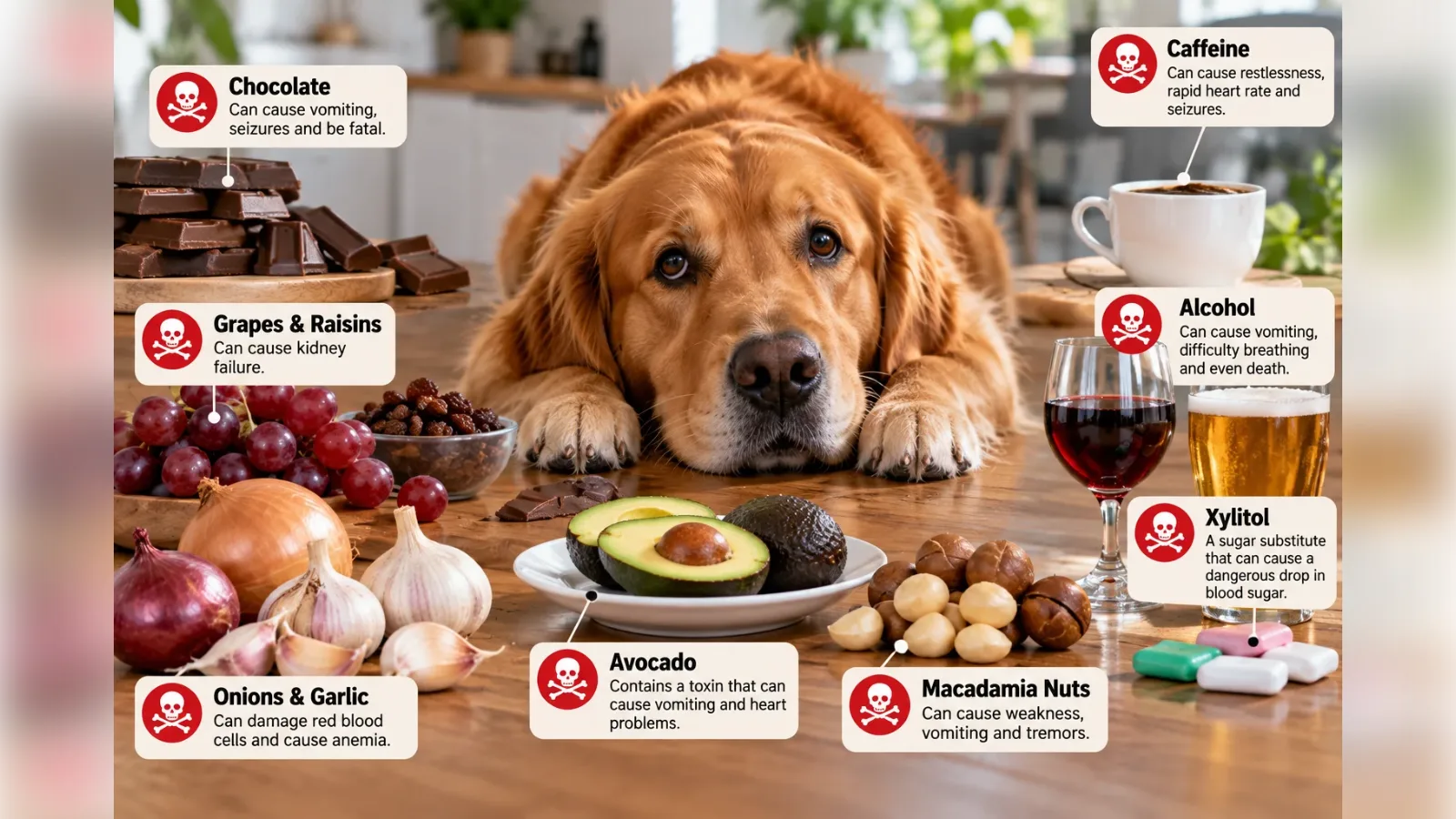 Dog resting its head on a table beside chocolate, grapes, onions, garlic, macadamia nuts, xylitol gum and alcohol