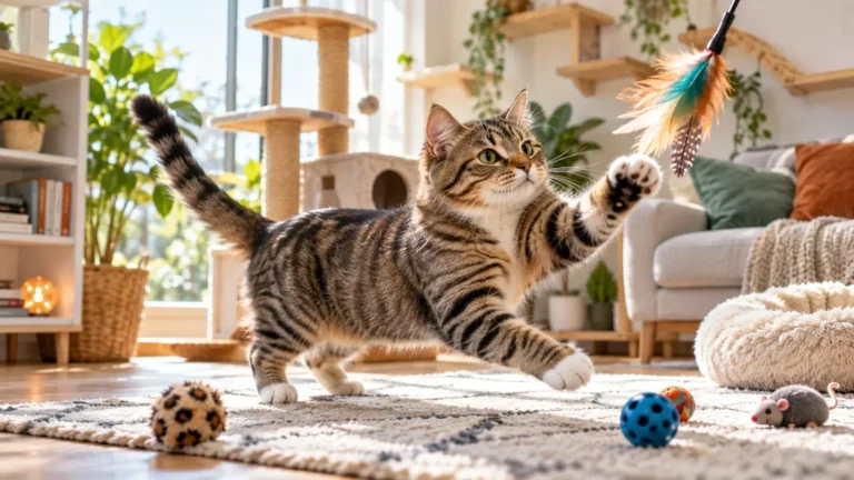 Tabby cat leaping after a feather wand toy in a bright living room with a cat tree