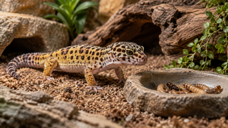 Leopard gecko on sandy substrate next to a shallow dish of mealworms