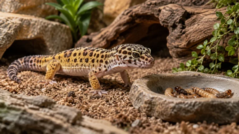 Leopard gecko on sandy substrate next to a shallow dish of mealworms