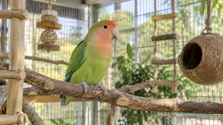 Peach-faced lovebird in a spacious enriched bird cage