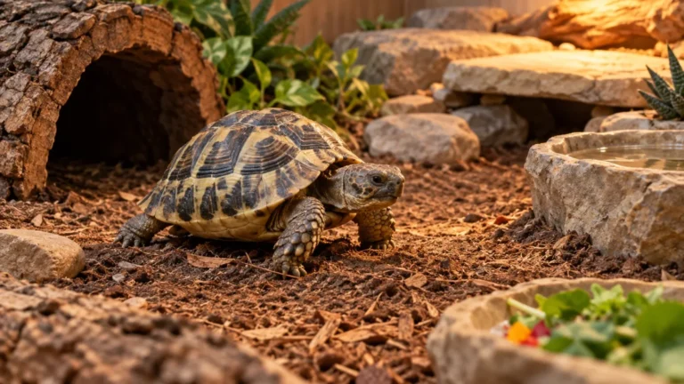 Pet tortoise in a spacious well-designed indoor habitat