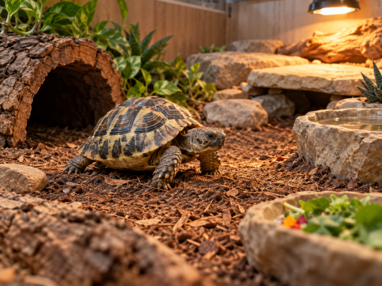 Pet tortoise in a spacious well-designed indoor habitat