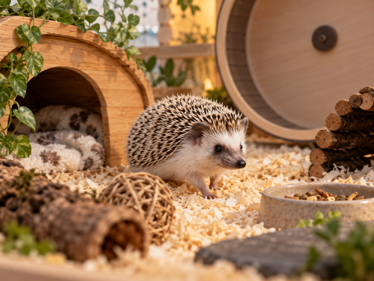 African pygmy hedgehog exploring a clean indoor enclosure