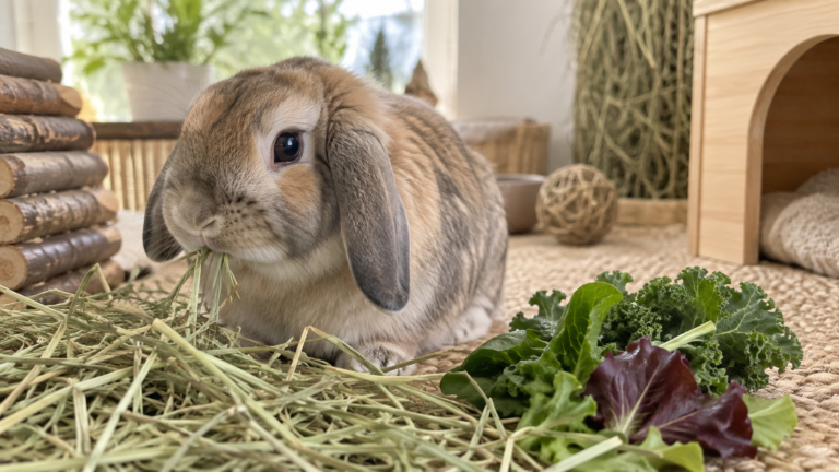 Healthy rabbit eating hay and fresh leafy greens