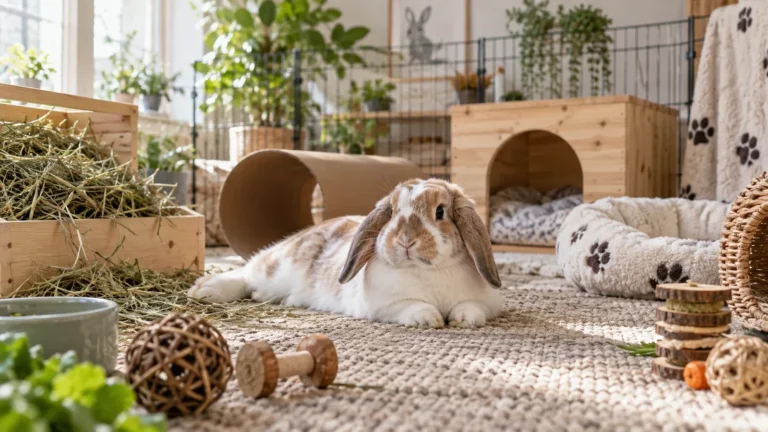 Rabbit relaxing in a spacious comfortable indoor enclosure