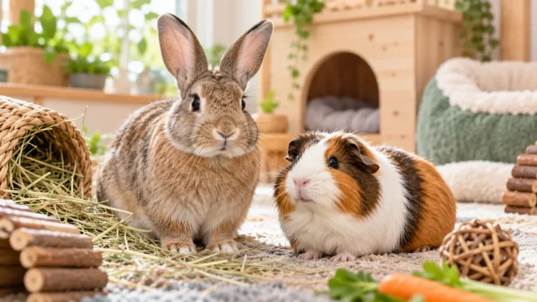 Rabbit and guinea pig side by side on hay, shown for comparison