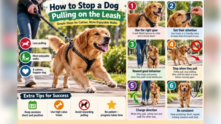 Golden retriever walking on a loose leash beside its owner in a park, with step-by-step loose leash training tips