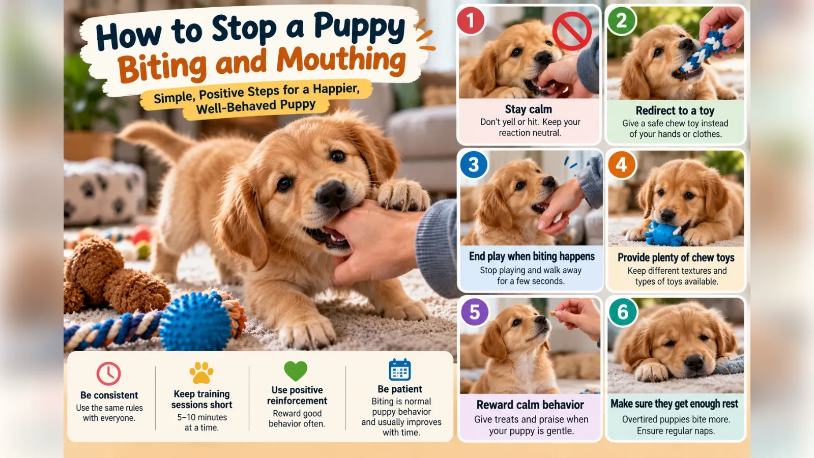 Puppy gently mouthing a hand, with steps for redirecting puppy biting to chew toys