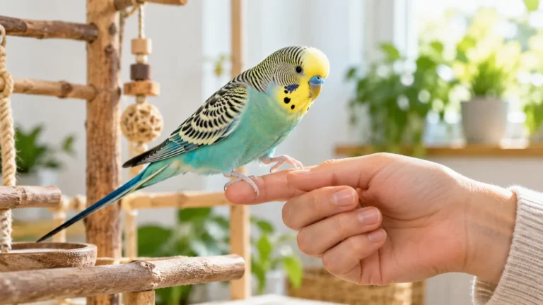 Budgie stepping onto an outstretched finger from a wooden perch